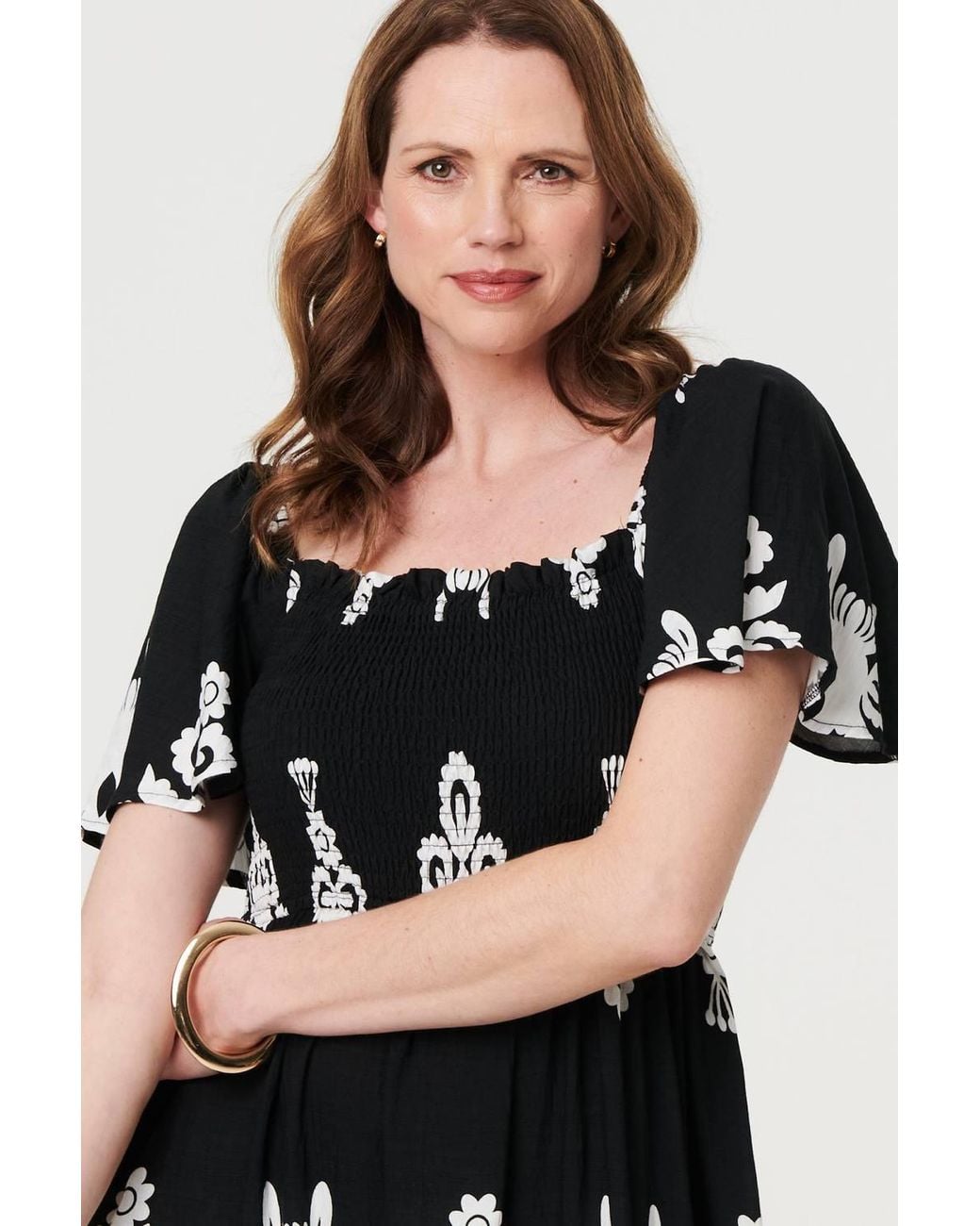 Izabel London White Ikat Print Short Angel Sleeve Maxi Dress