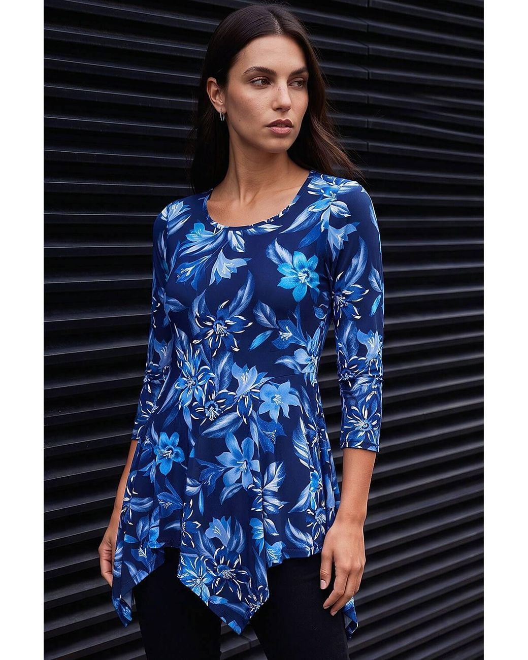 Roman Blue Floral Print Asymmetric Tunic Top