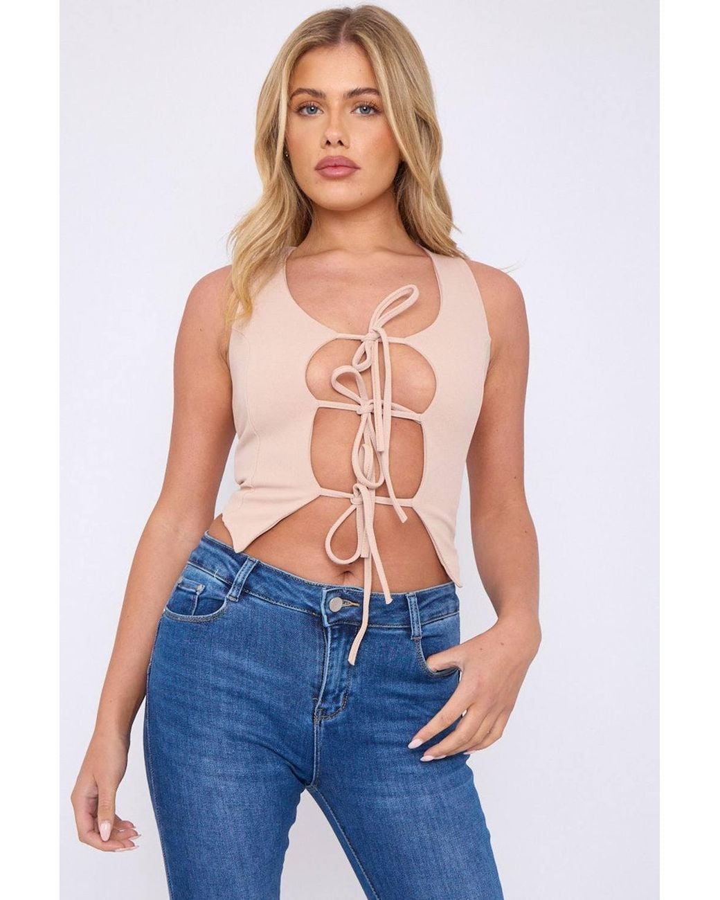Stylewise Blue Tie Knot Waistcoat Crop Top
