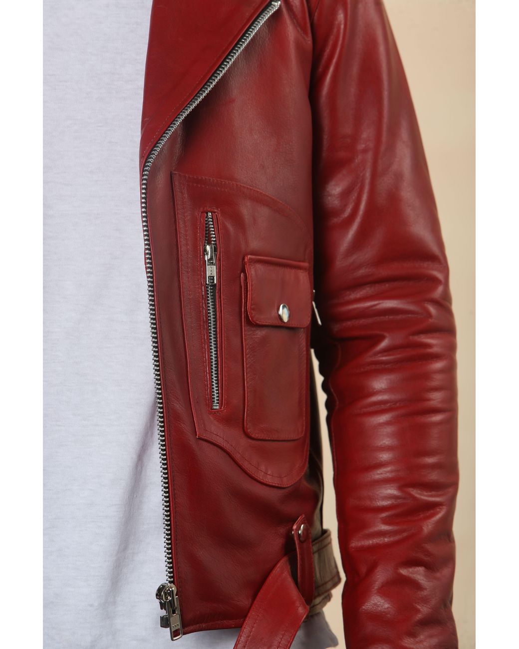 TruClothing Red Cow Hide Biker Brando Cross Zip Leather Jacket for men