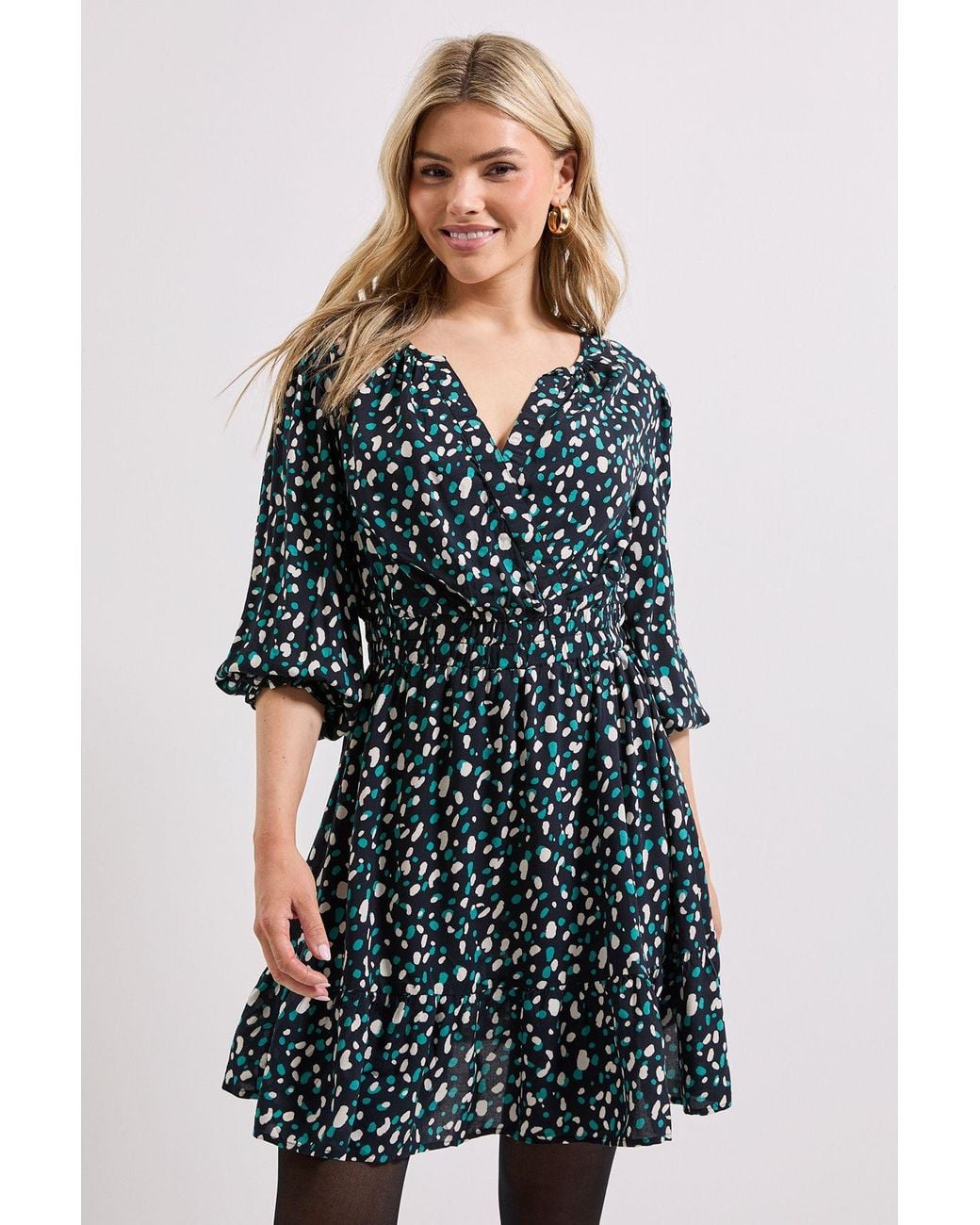 Dorothy Perkins Blue Abstract Wrap Front Blouson Sleeve Mini Dress
