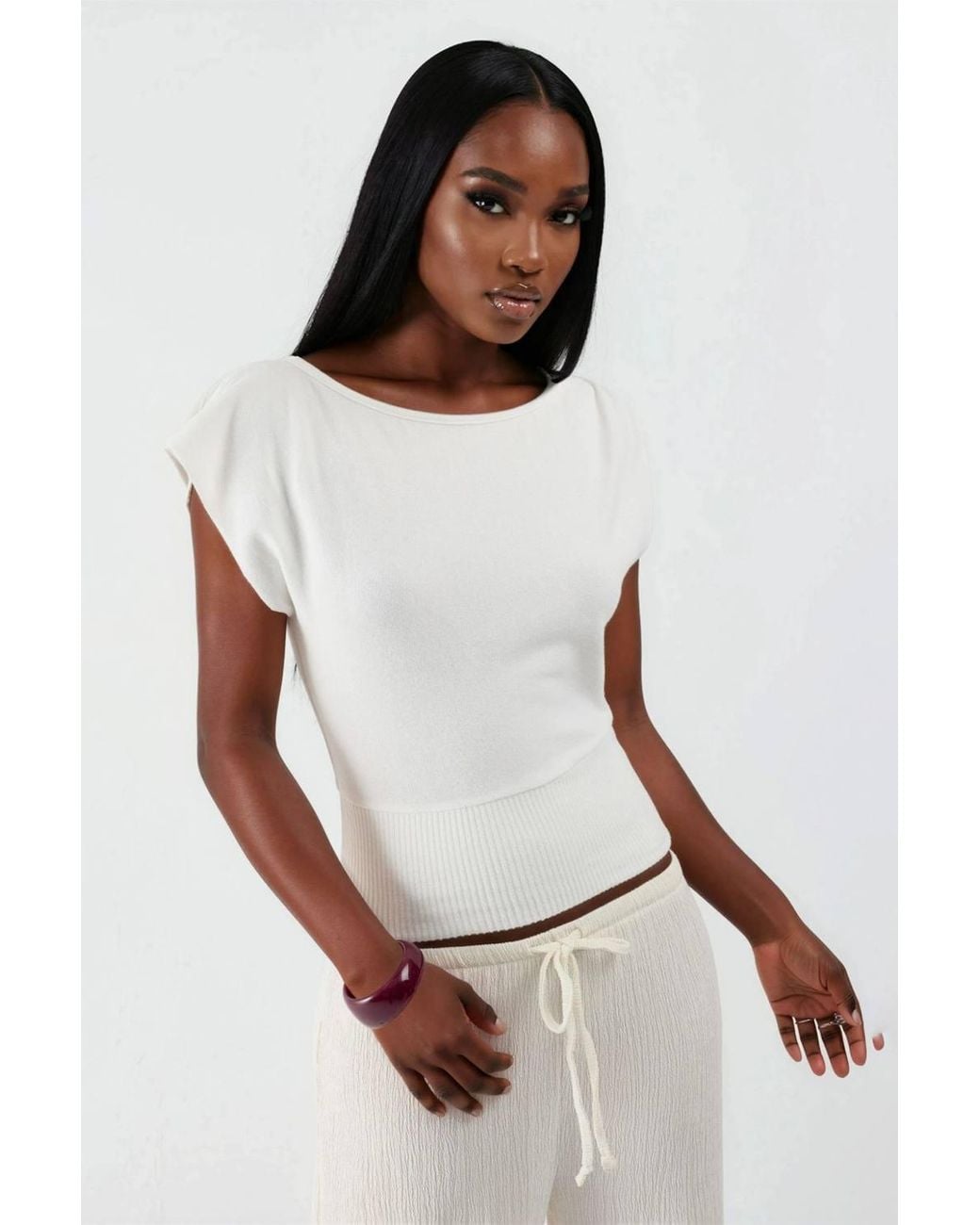 Busem White Boat Neck Ribbed Blouse