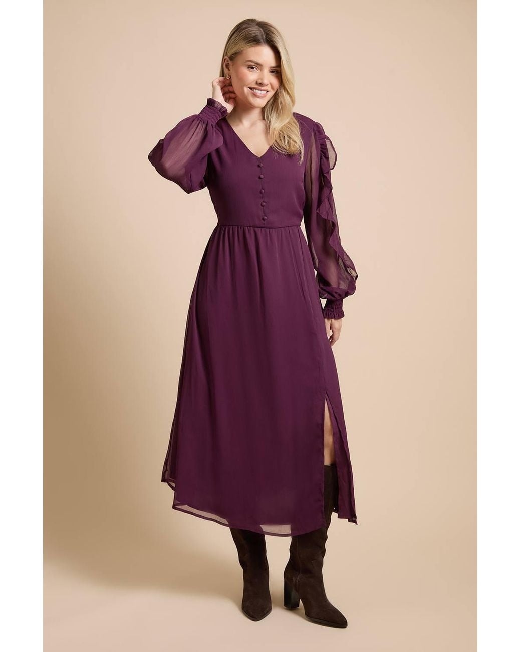 Dorothy Perkins Purple Ruffle Sleeve V Neck Chiffon Maxi Dress