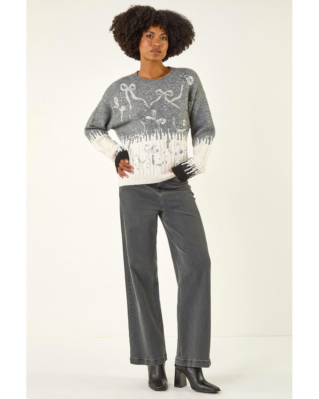 Roman Gray Jacquard Bow Knit Jumper