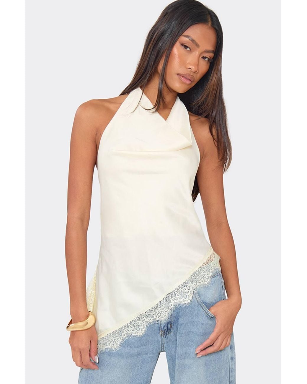 EGO White Sleeveless Cowl Neck Asymmetric Hem Satin Top