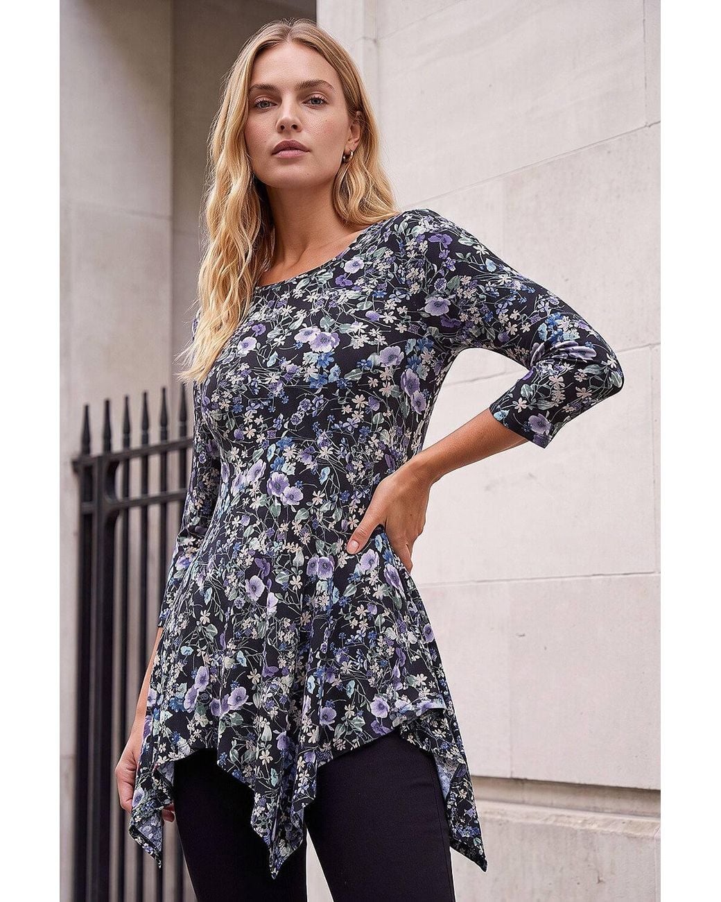 Roman Blue Floral Print Asymmetric Stretch Top