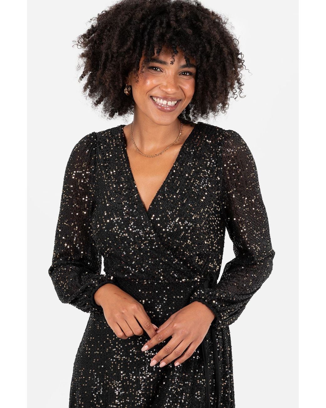 Lovedrobe Black Sequin Faux Wrap Long Sleeve Midi Dress