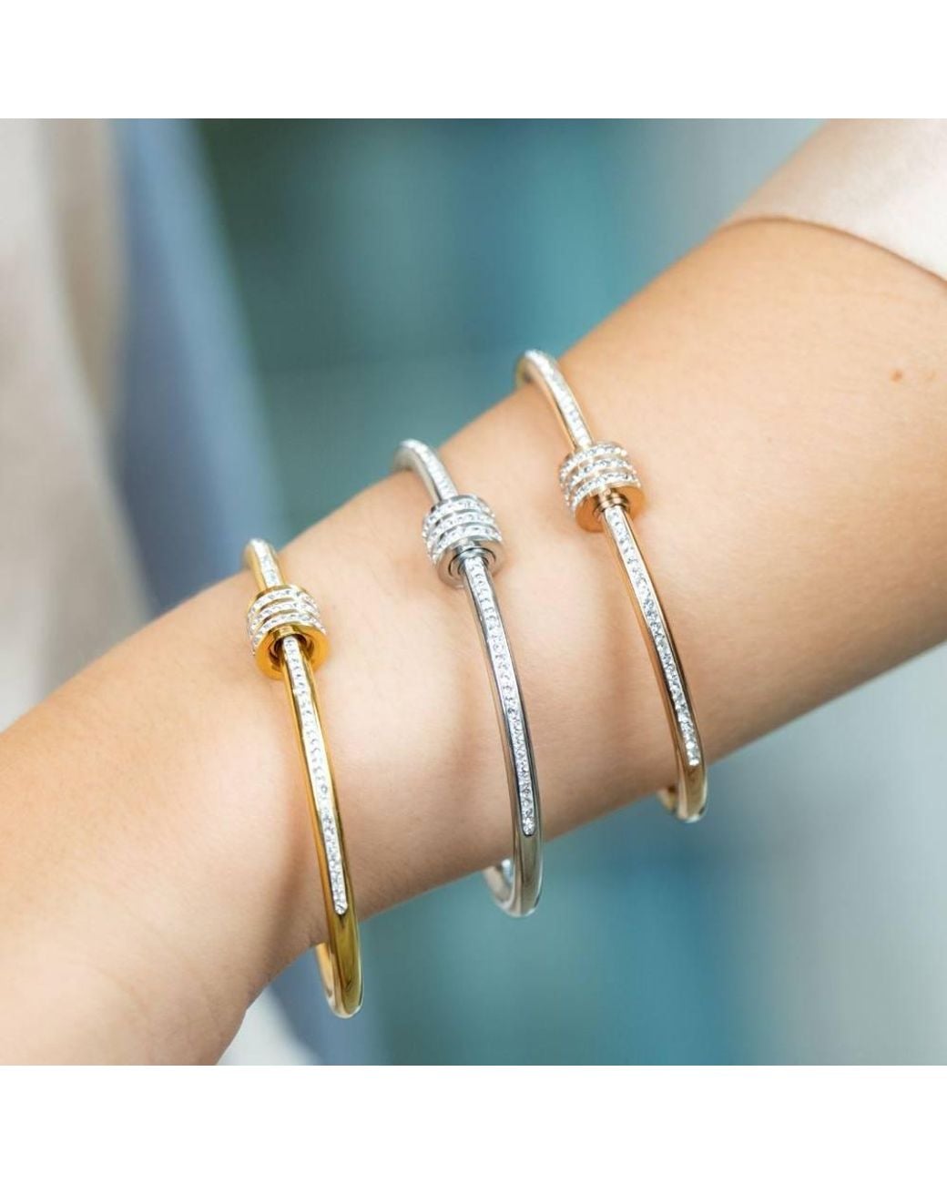 The Colourful Aura Natural Stainless Steel Zircon Ball Crystal Round Fashion Open Bangle Bracelet