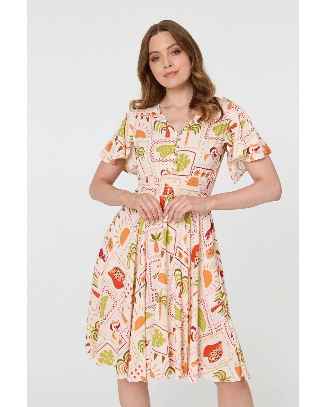 Izabel London Pink Printed V-Neck Shirred Knee Length Dress