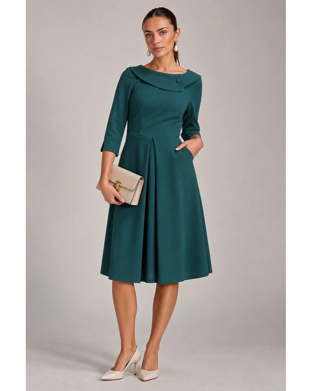 Jolie Moi Green Fold Collar Button Detail Dress