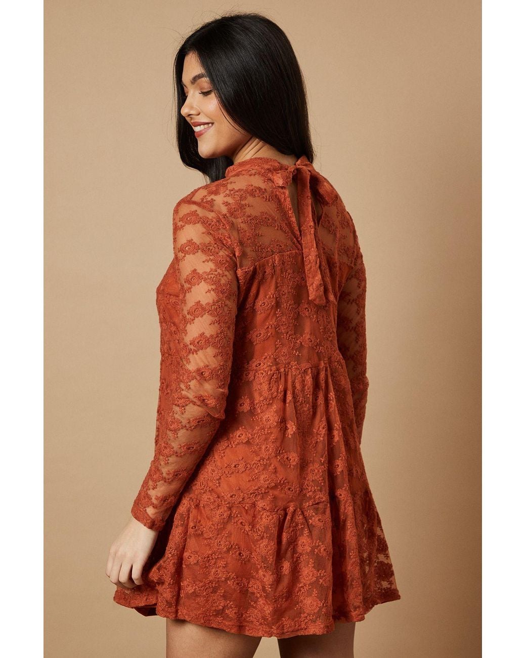 Warehouse Brown Embroidered Mesh High Neck Tier Smock Mini Dress
