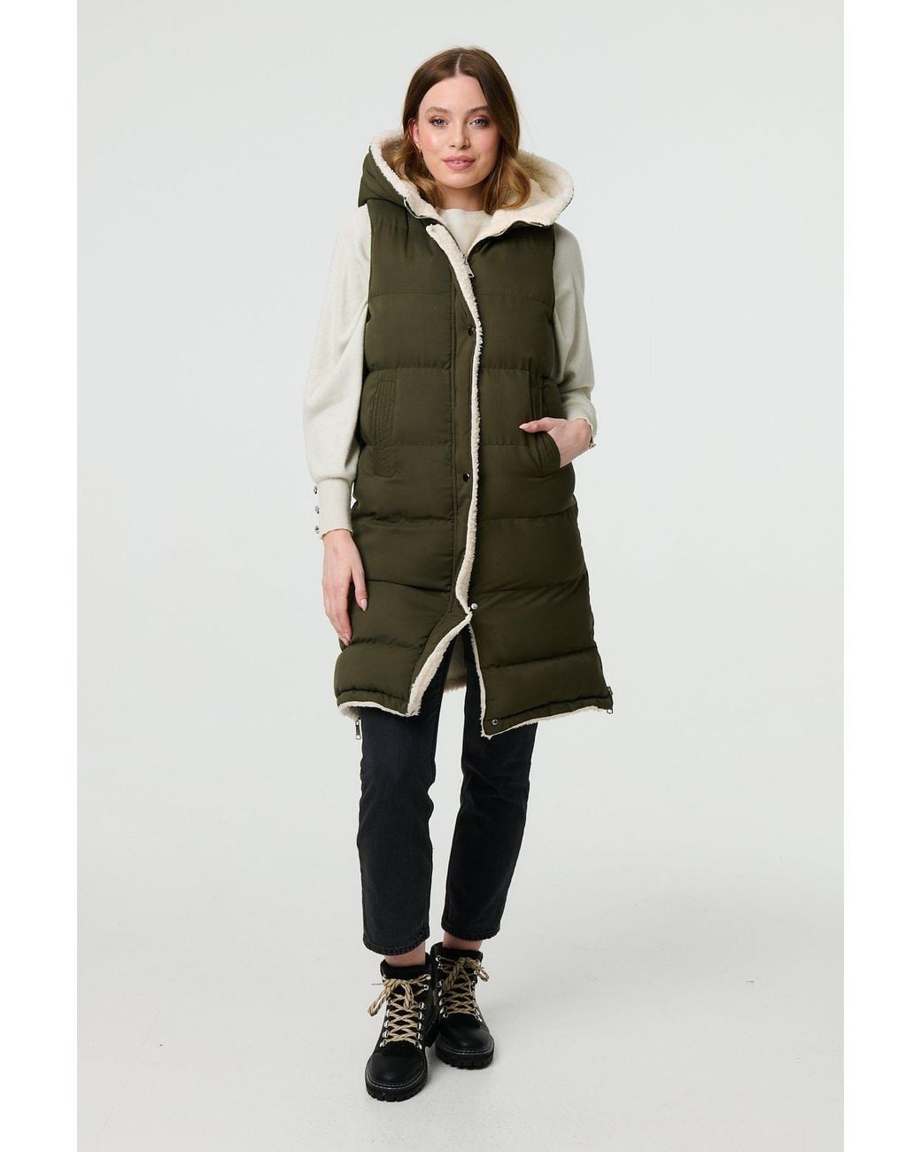 Izabel London Green Reversible Faux Fur Padded Hooded Gilet