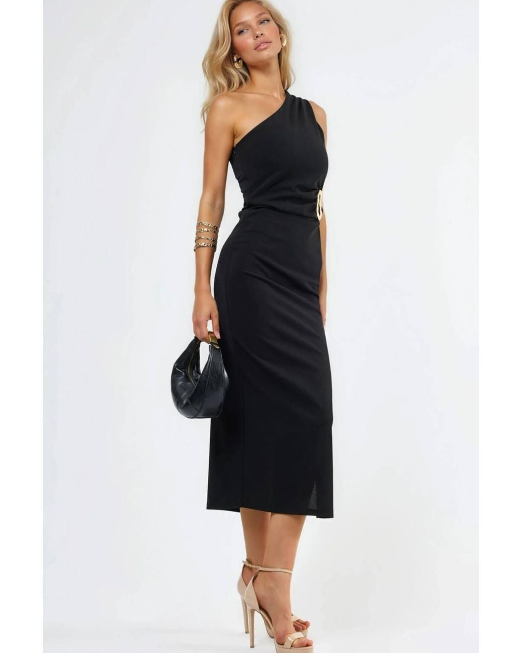 Busem Black Asymmetrical Collar Midi Dress With Accessory Details