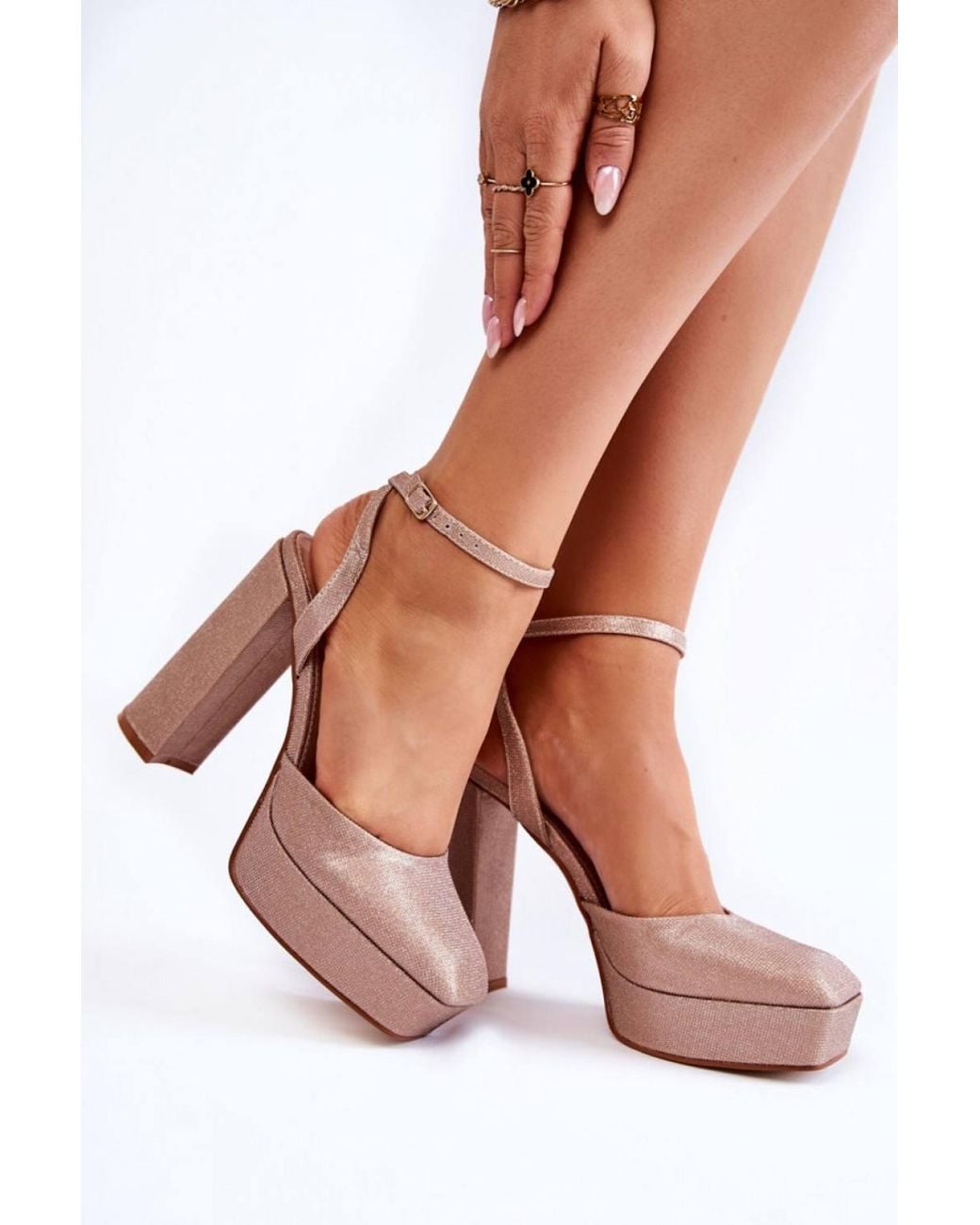 Love Lace Brown Glitter Ankle Buckle Block Heel Sandals Square Toe Party