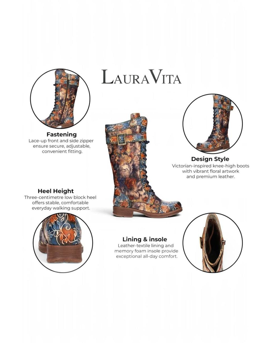 Infinity Leather Brown Floral Victorian Leather High Combat Long Boots