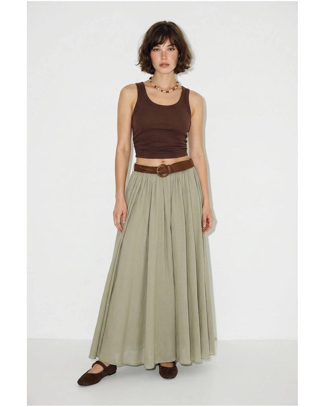 Bianco Lucci Green High-Waist Pleated Maxi Skirt