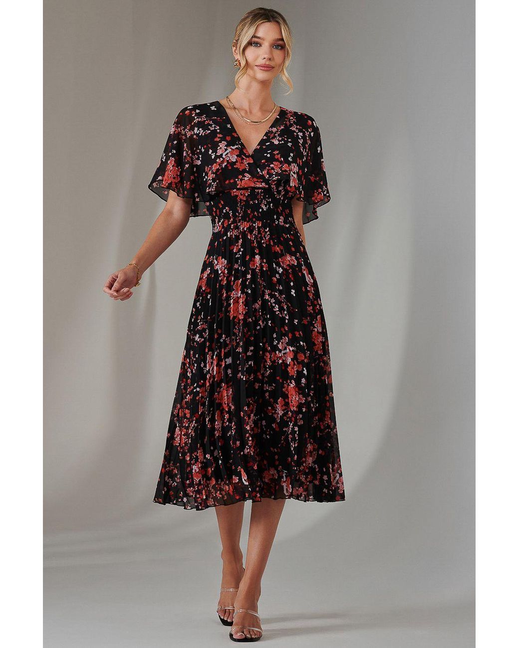 Jolie Moi Brown Floral Print Chiffon Pleated Dress