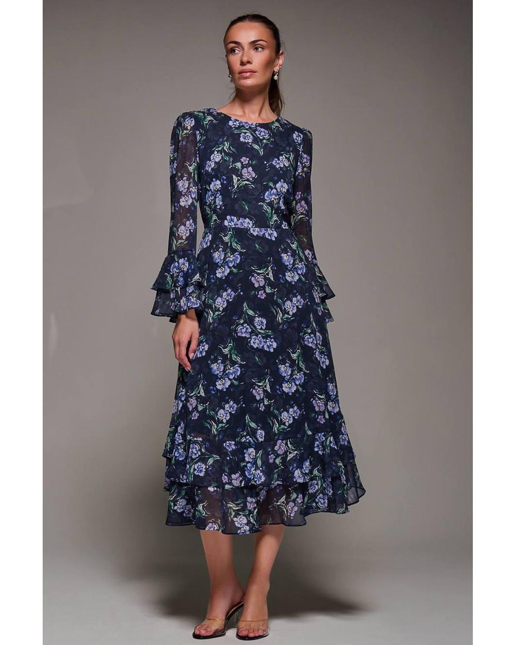 Jolie Moi Blue Long Sleeve Chiffon Frill Midaxi Dress