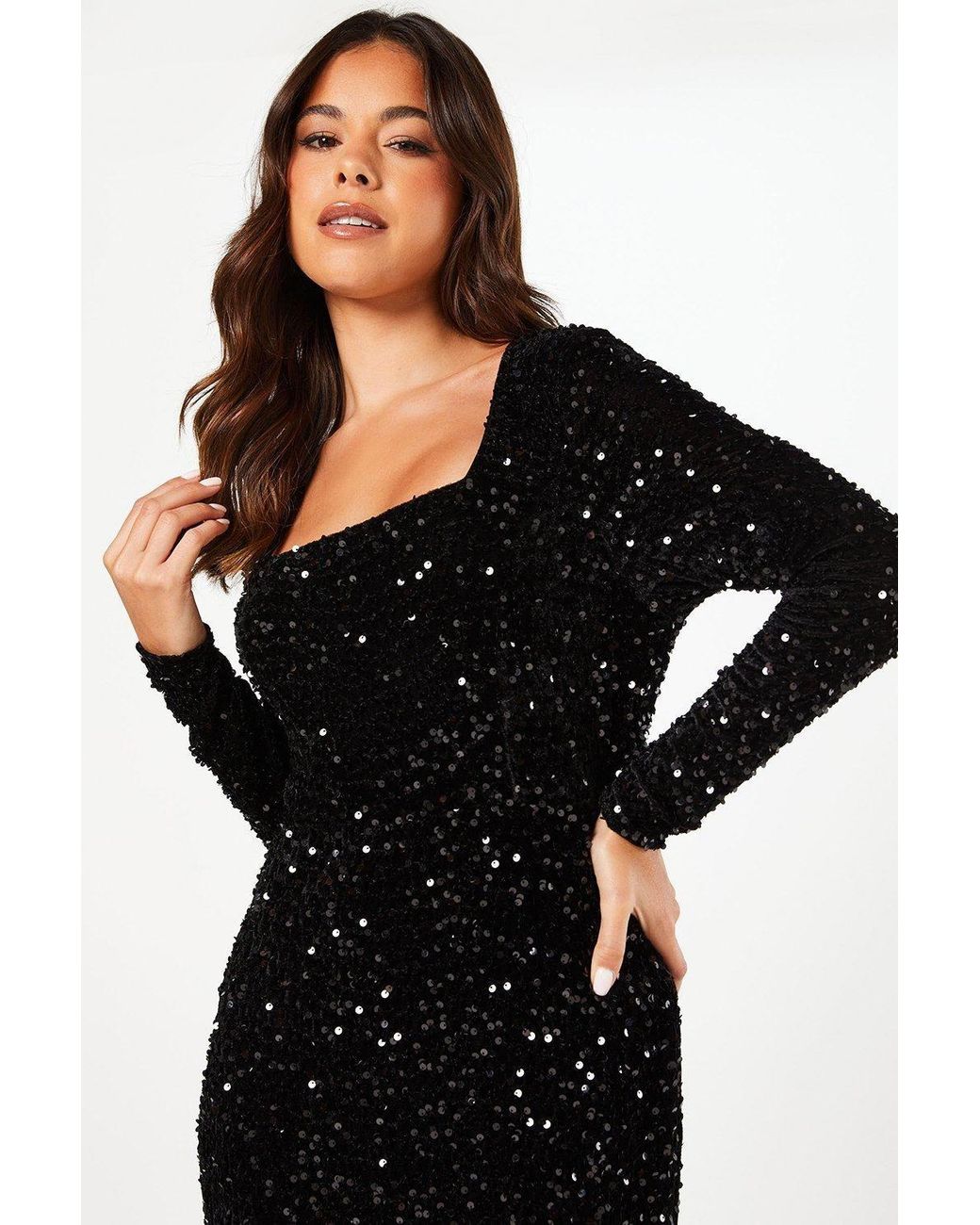Coast Black Square Neck Velvet Sequin Long Sleeve Maxi Dress