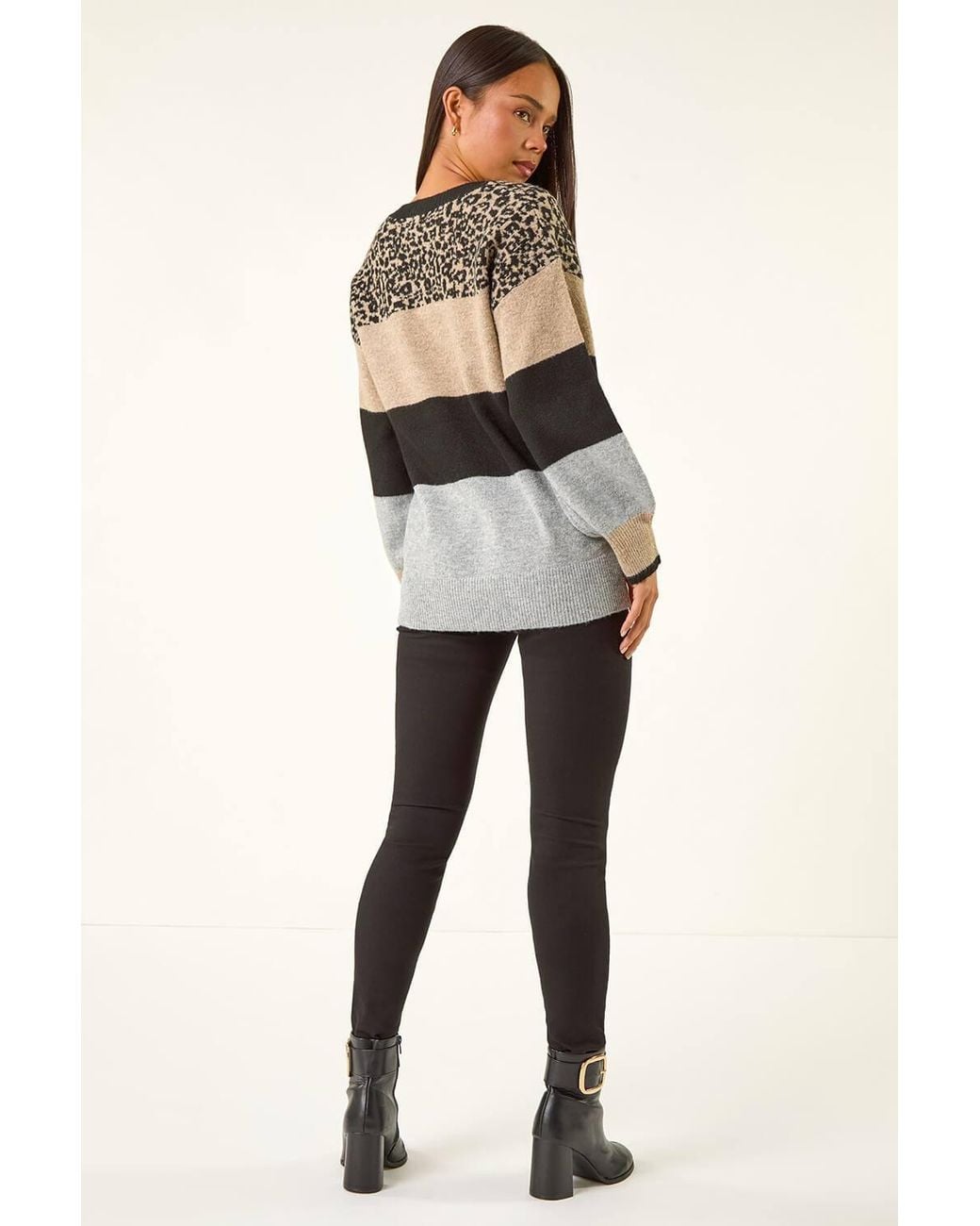 Roman Gray Petite Animal Block V-Neck Jumper