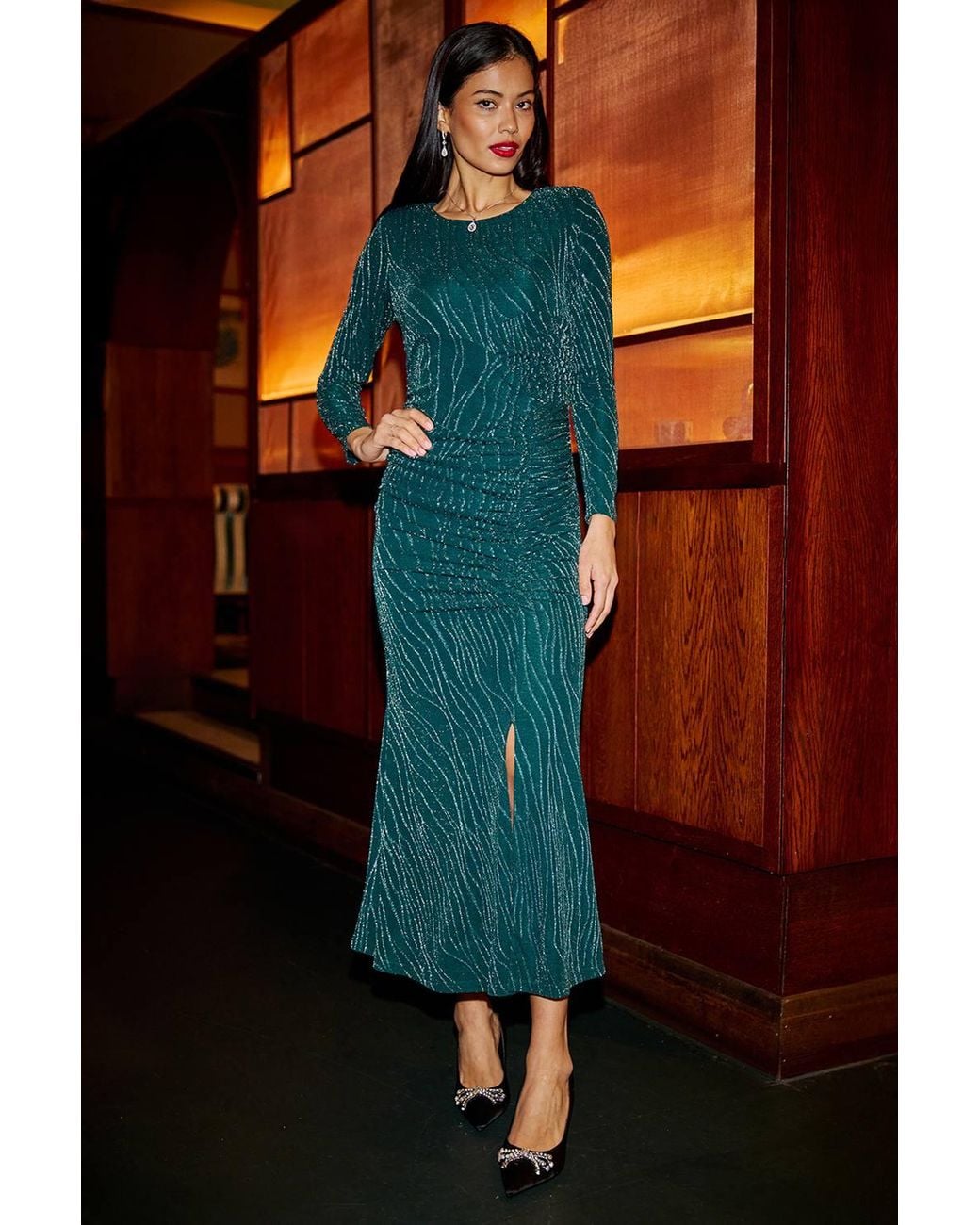 Yumi' Blue Mesh Fitted Ruched Midi Dress With Long Sleeves