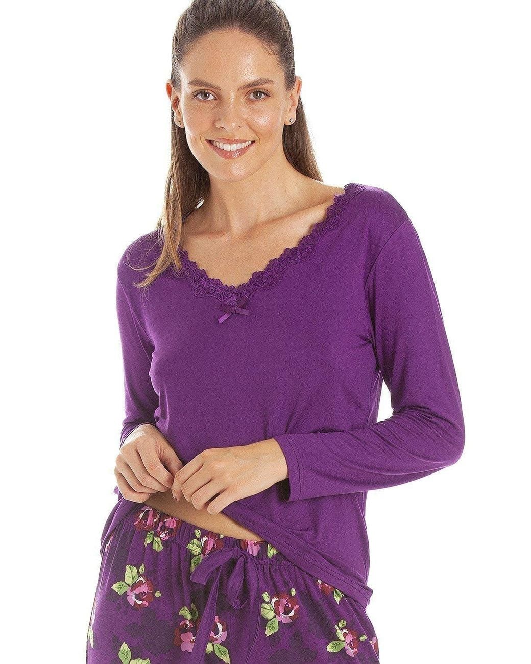 CAMILLE Purple Lightweight Floral Print Spandex Pyjama Set