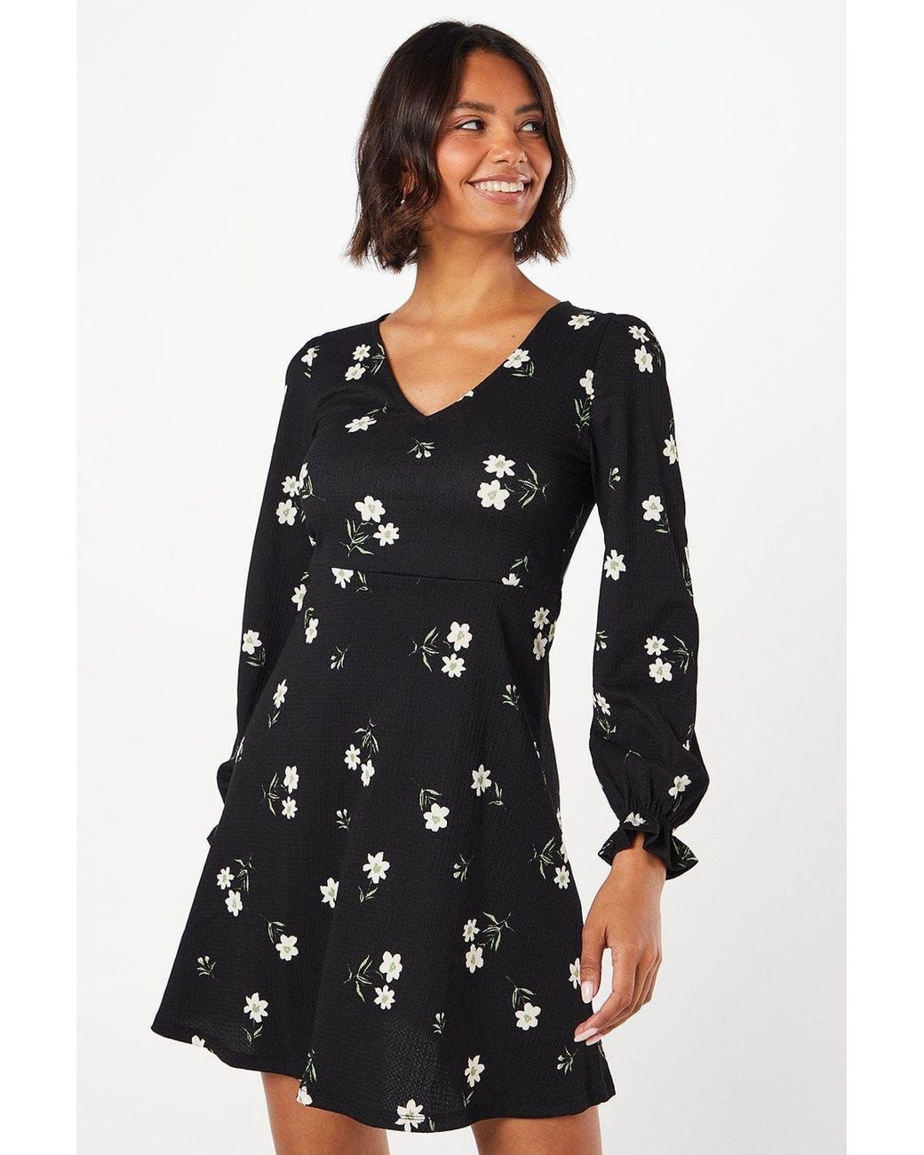 Dorothy Perkins Black Long Sleeve V Neck Mini Dress