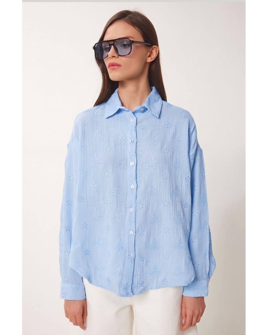 Happiness İstanbul Blue Textured Embroidered Long Sleeve Shirt With Button Closure