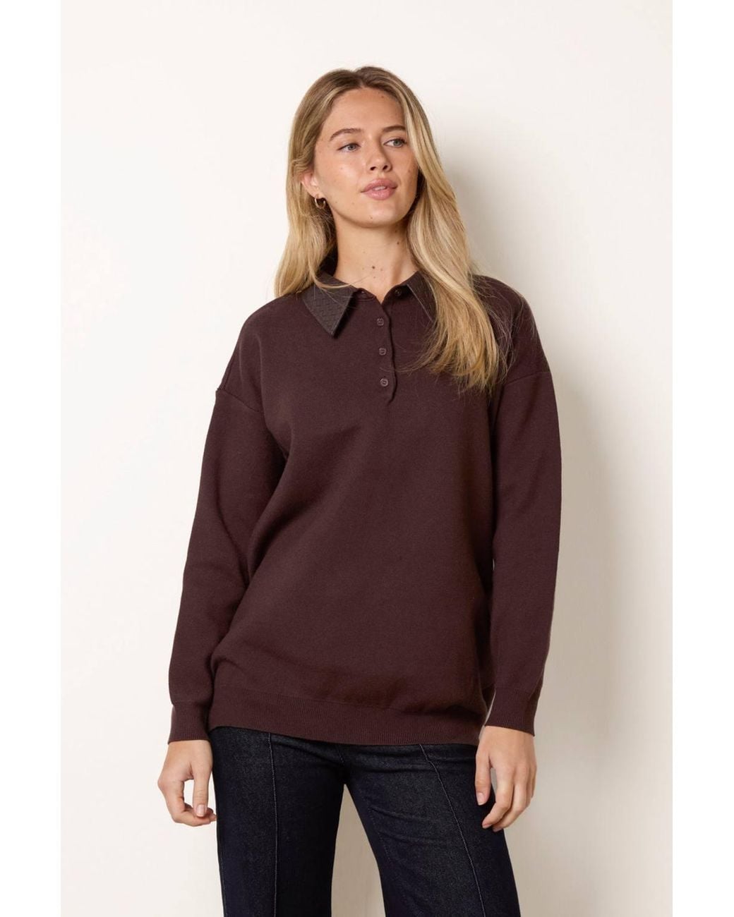 Blue Vanilla Brown Long Sleeve Button Up Collar Jumper