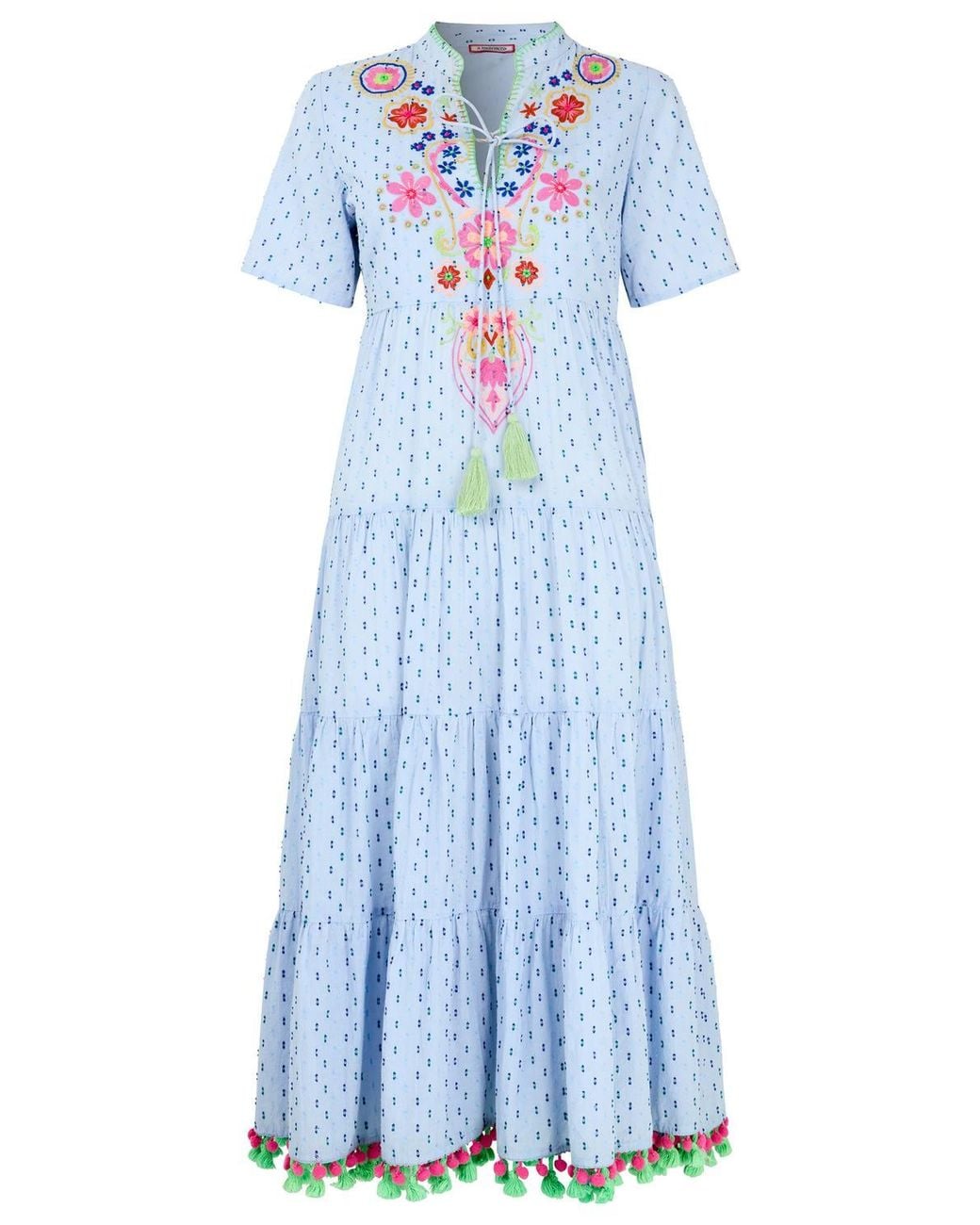 Joe Browns Blue Embroidered Midi Dress With Tie Neckline & Tassel Trim