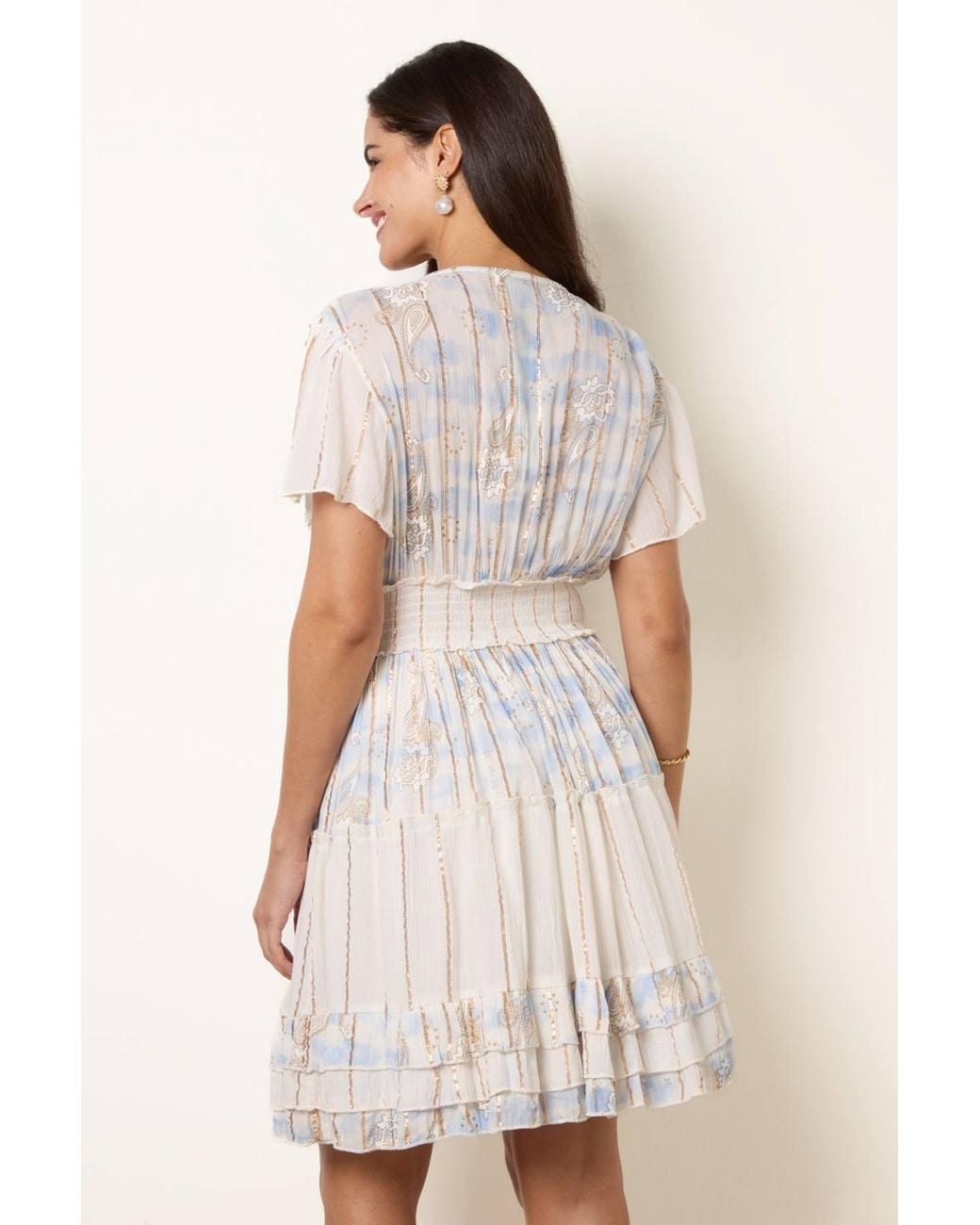 Blue Vanilla Natural Shirred Waist Short Sleeve V-Neck Mini Dress