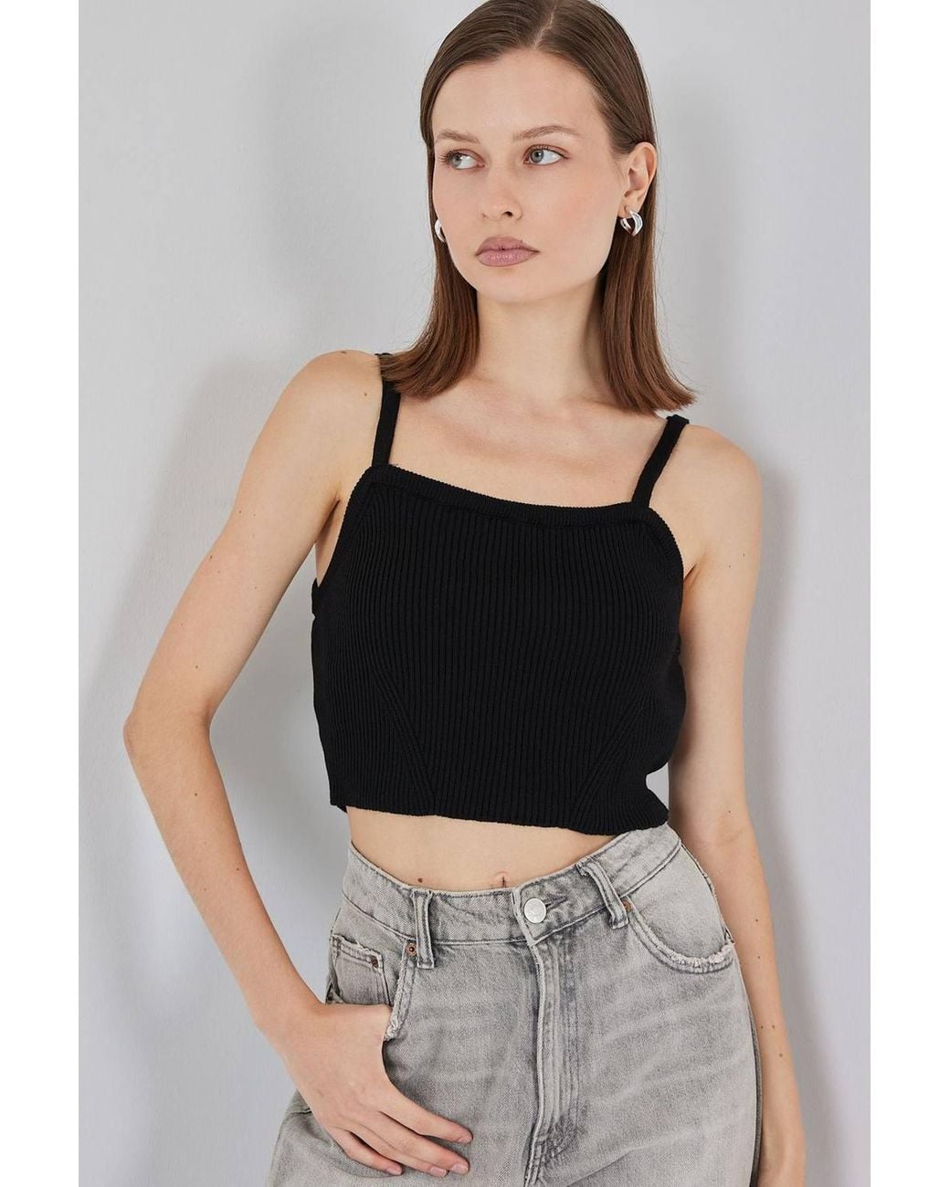 Bigdart Black Square Collar Ribbed Knit Crop Top
