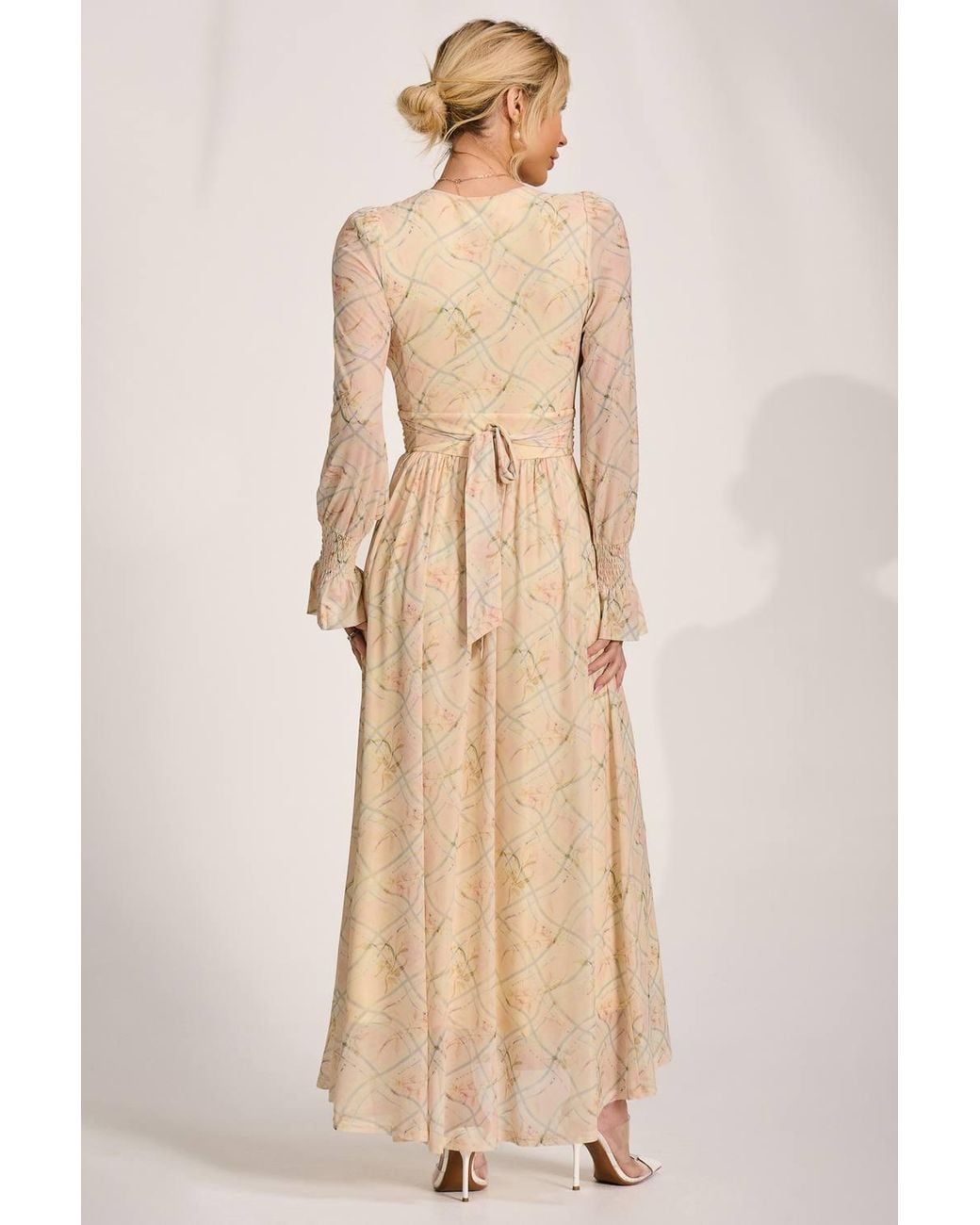 Jolie Moi Natural Long Sleeve V Neck Mesh Maxi Dress