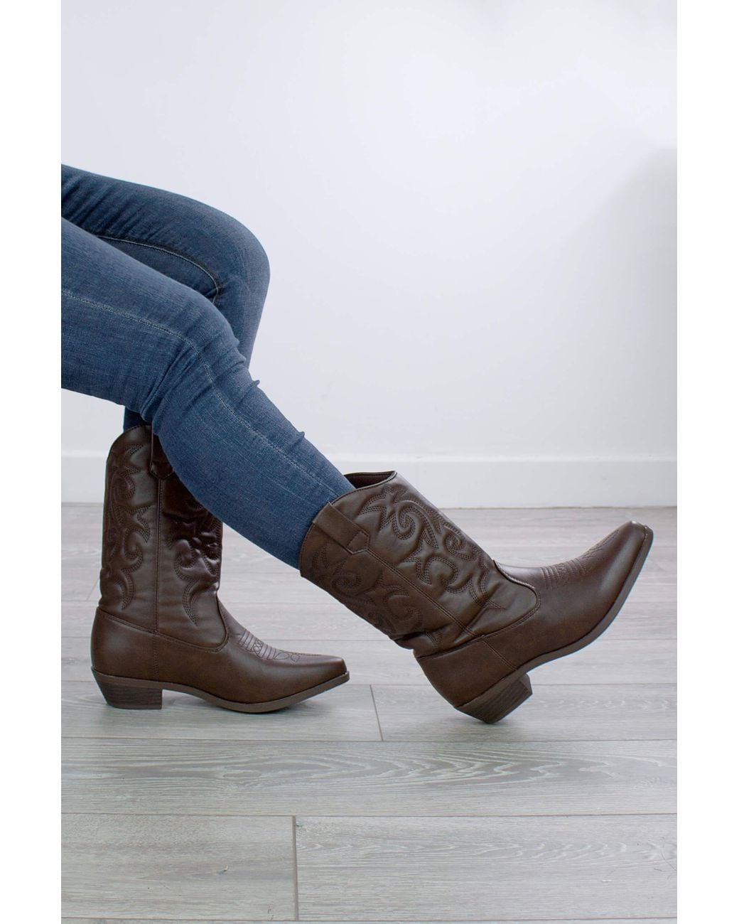 AJVANI Blue Low Cuban Heel Cowboy Western Calf Boots