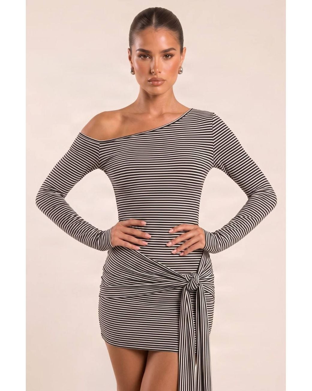 Rebellious Fashion Gray Naara Stripe Off-Shoulder Flare Sleeve Tie Drape Mini Dress