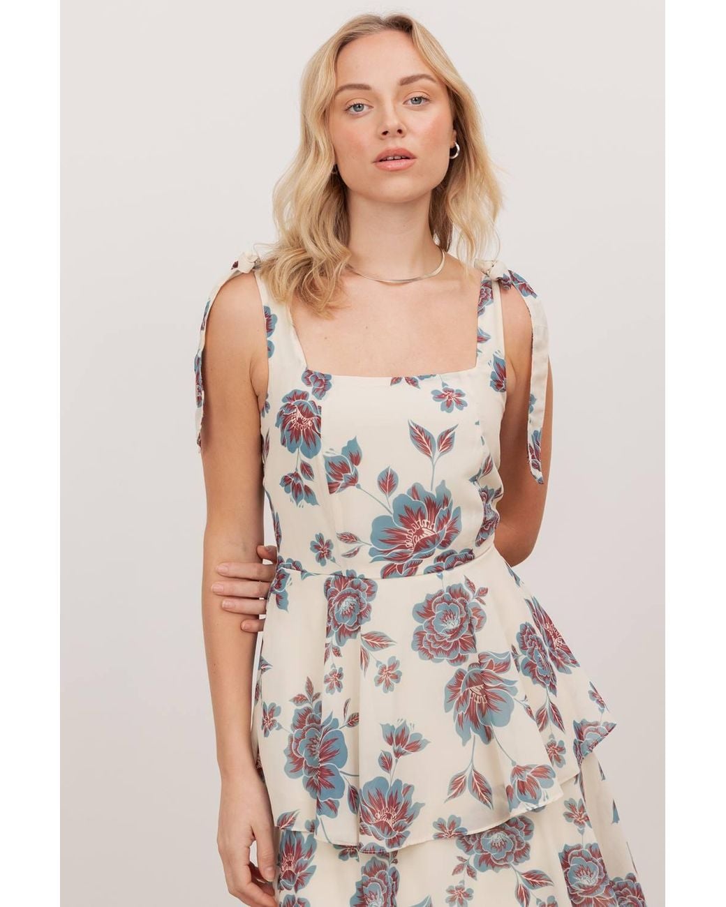 Anaya with love Natural Tie Shoulder Tiered Maxi Dress