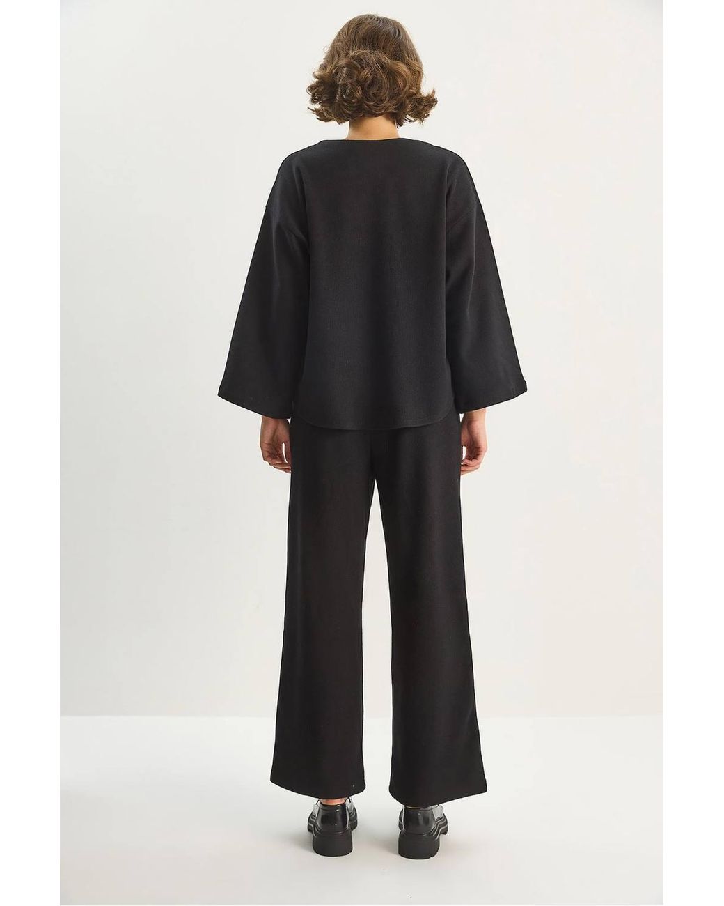 Bianco Lucci Black V-Neck Knitted Cardigan & Wide Leg Pants Set
