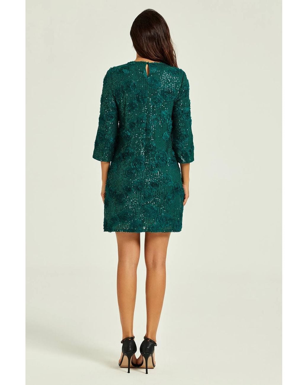 FS Collection Green Floral Sequin 3/4 Sleeve Mini Dress