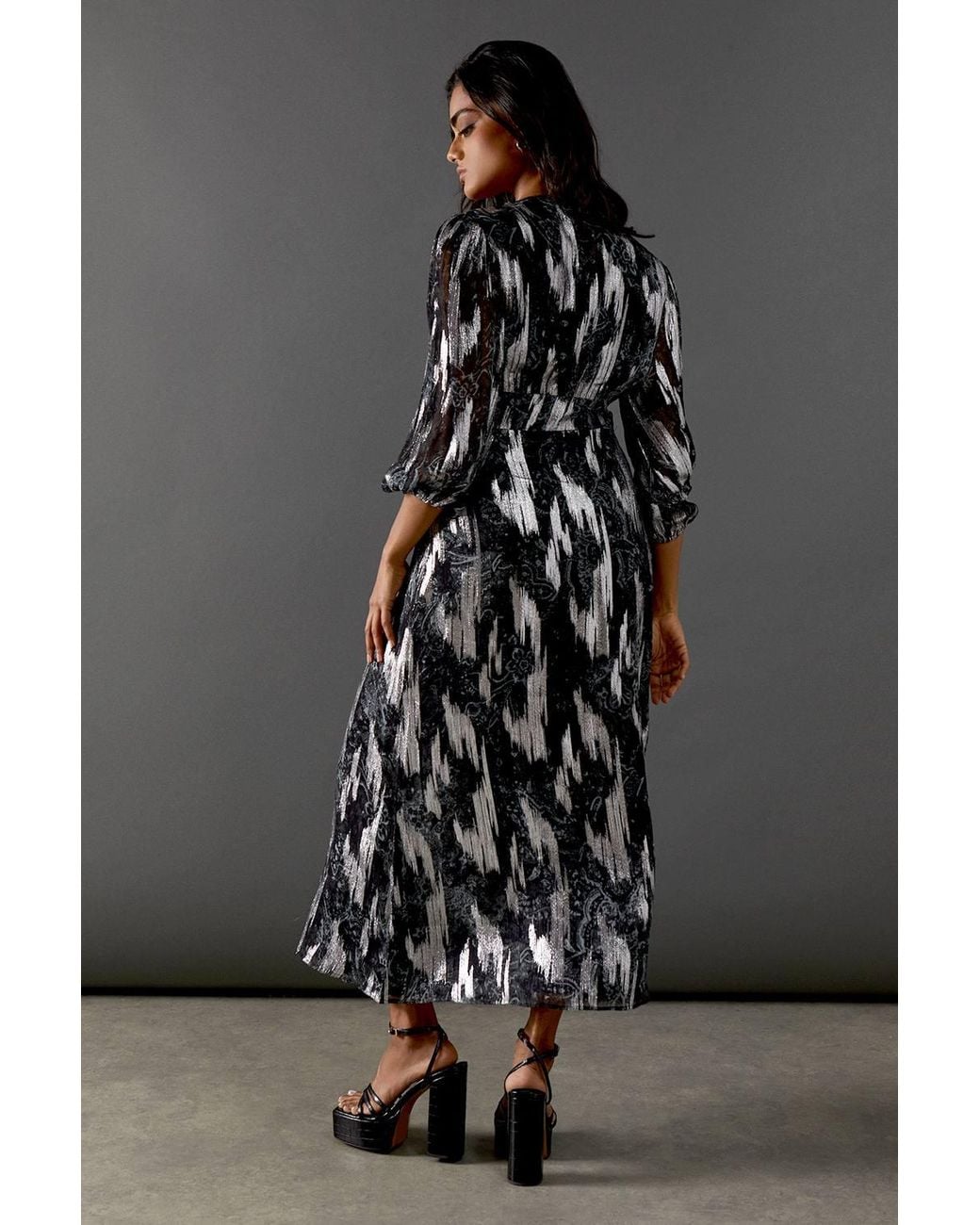 Warehouse Black Metallic Paisley Jacquard Plunge Neck Button Through Midi Dress