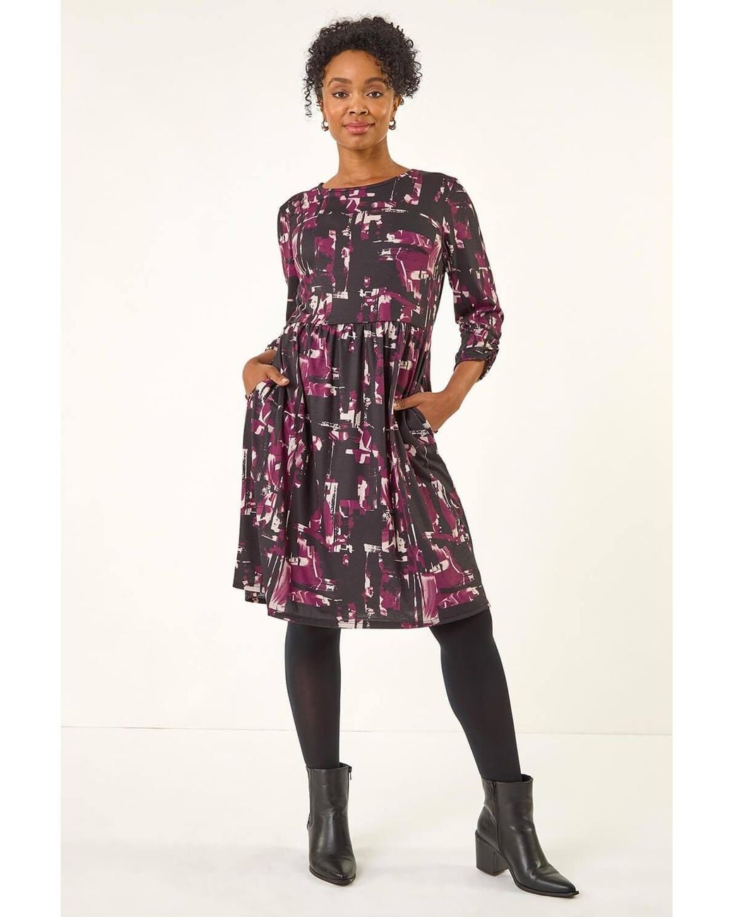 Roman Petite Abstract Gathered Stretch Dress