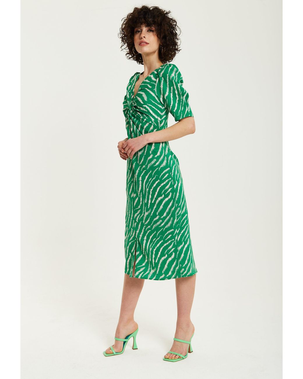 Liquorish Green Zebra Print Knot Front Midi Dress With Short Sleeves