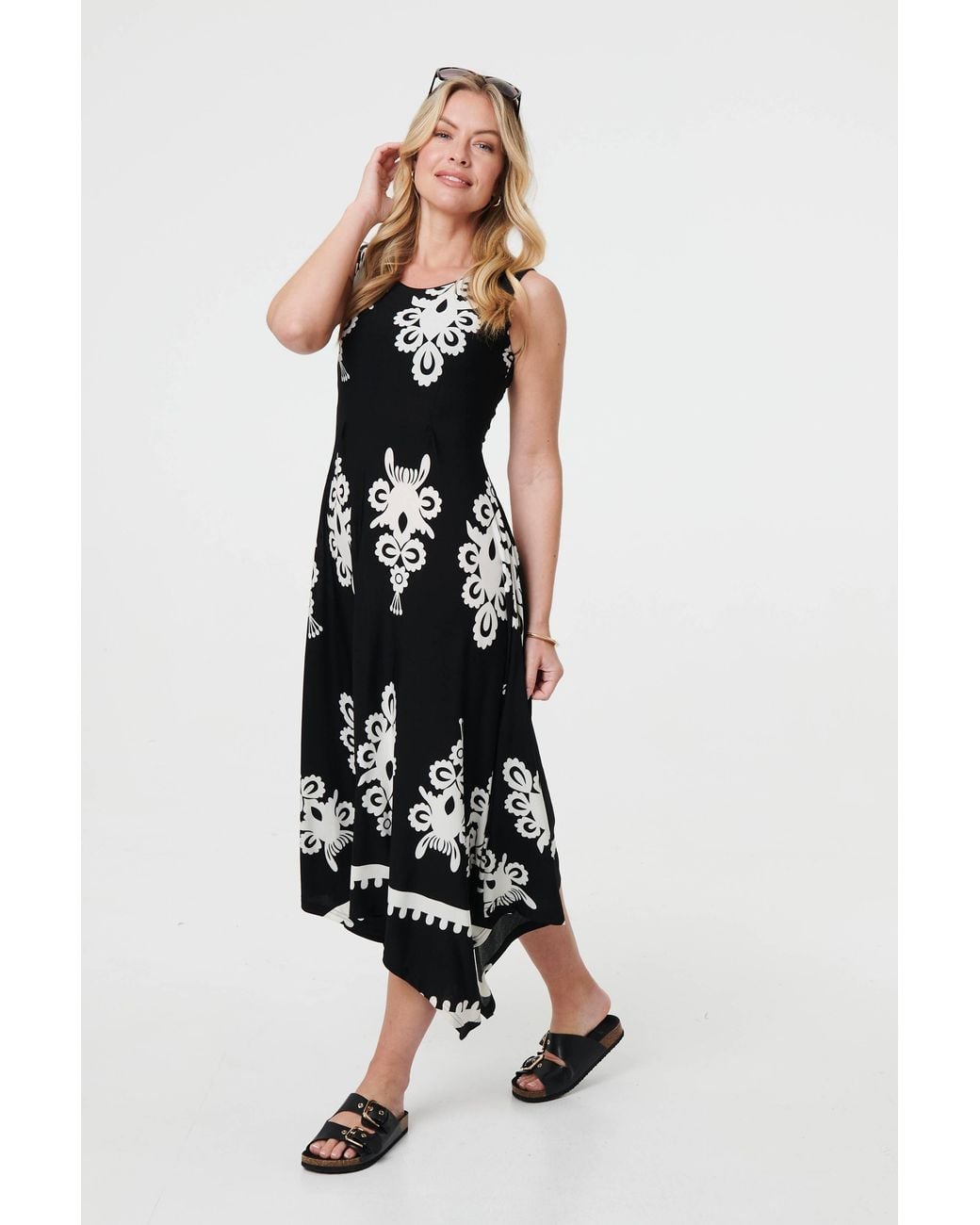 Izabel London White Ikat Print Sleeveless A-Line Midi Dress