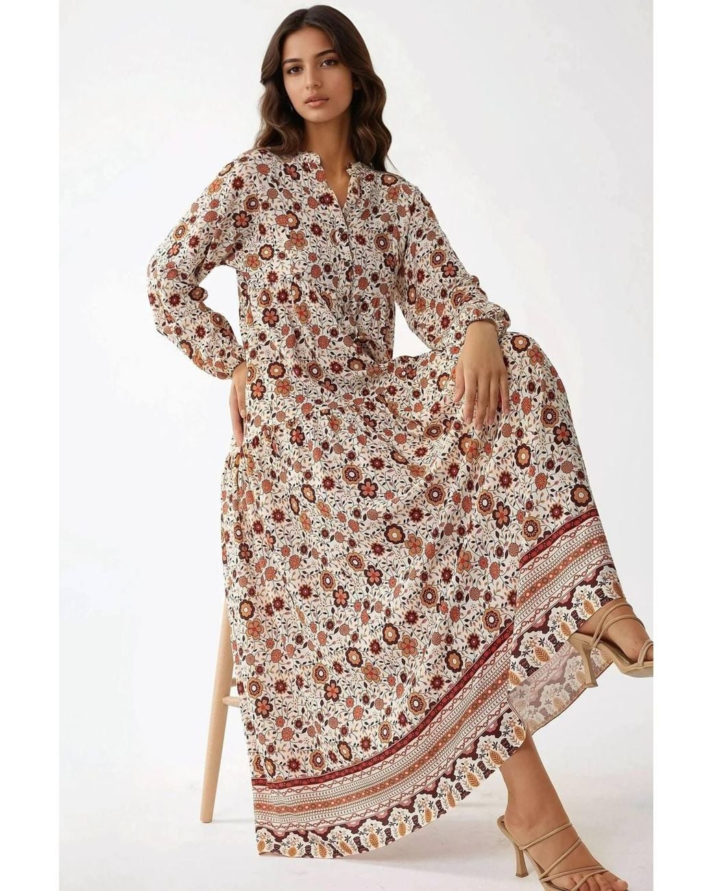 Hiccup Natural Printed V-Neck Maxi Dress With Buttons
