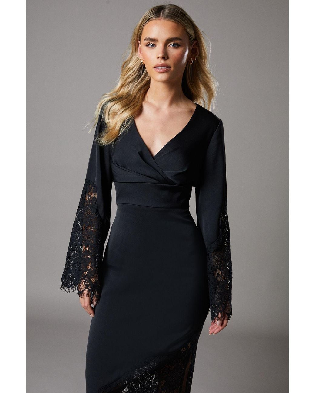 Coast Black Petite Lace Panelled Satin Wrap Midi Dress