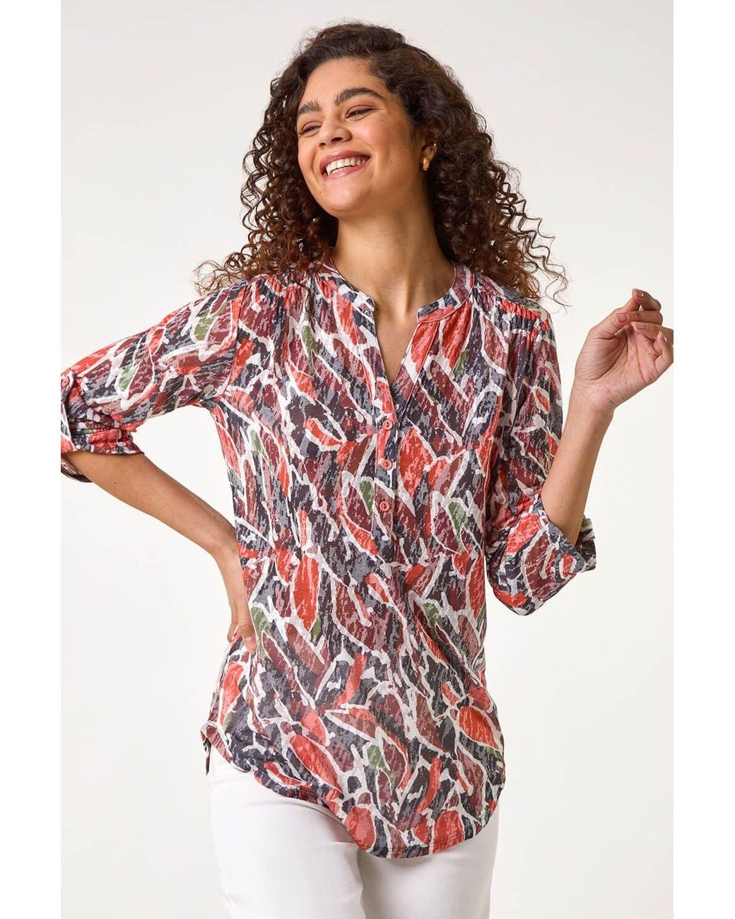 Roman Red Abstract Print Burnout V-Neck Shirt