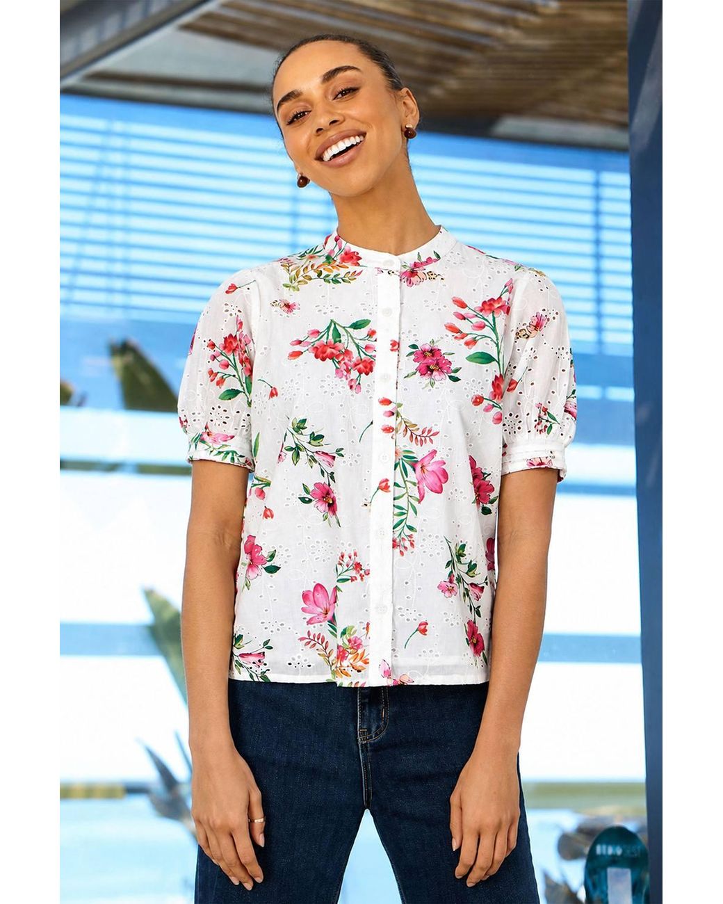 Yumi' Blue Cotton Broderie Anglaise Floral Shirt