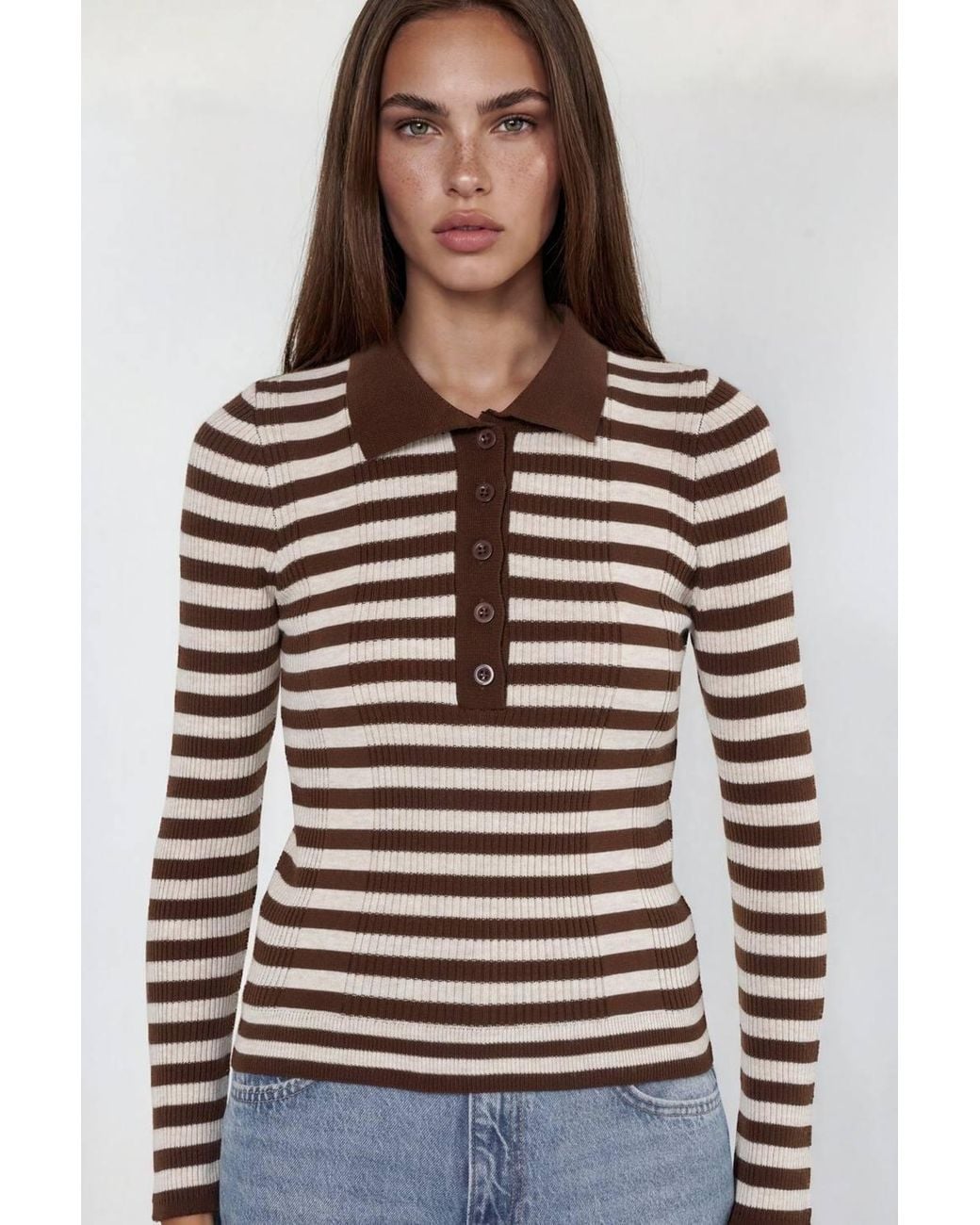 Hiccup Brown Striped Ribbed Button Polo Sweater