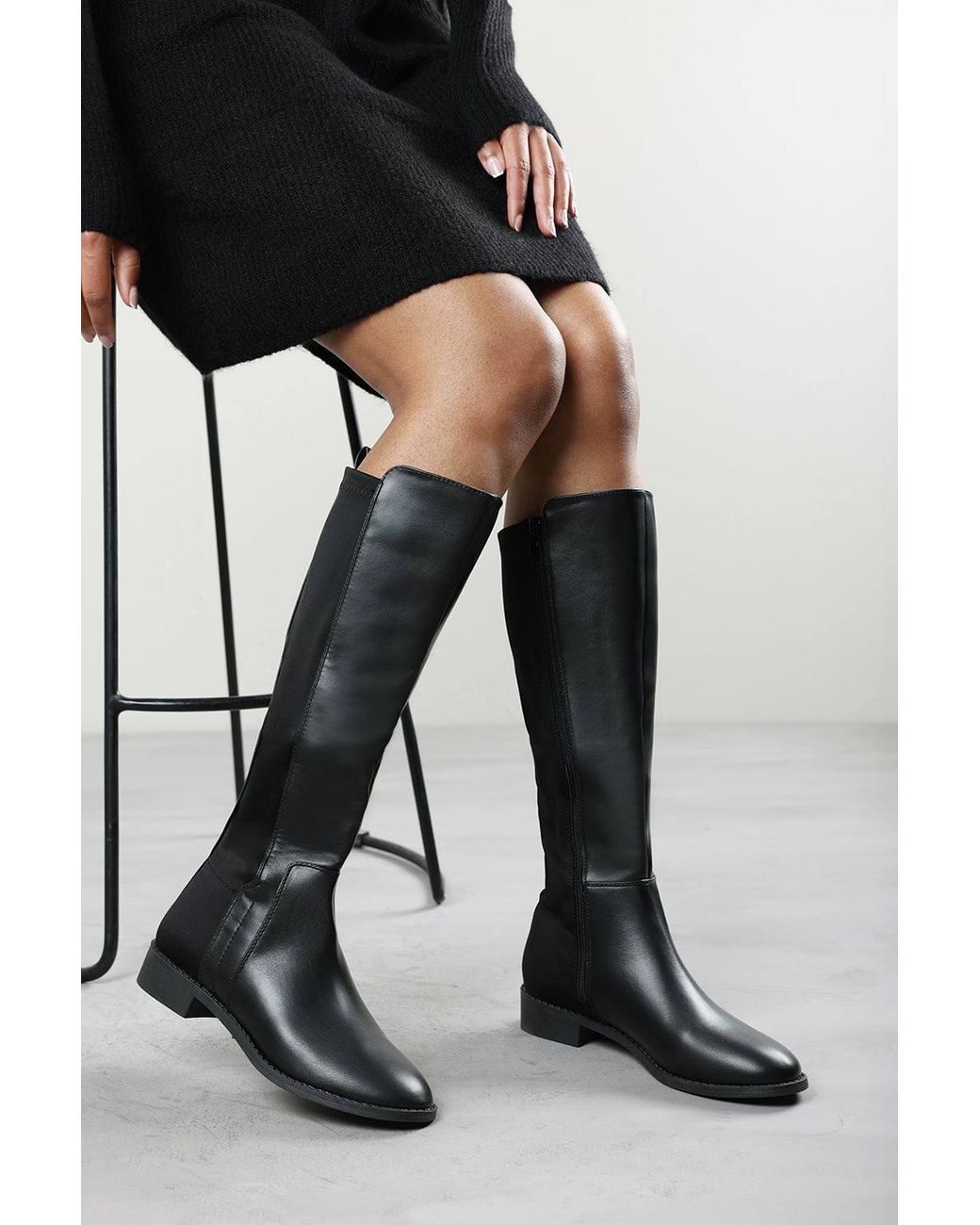 Where's That From Black 'Jirelle' Wide Calf Round Toe Knee High Boots With Side Zip Closure