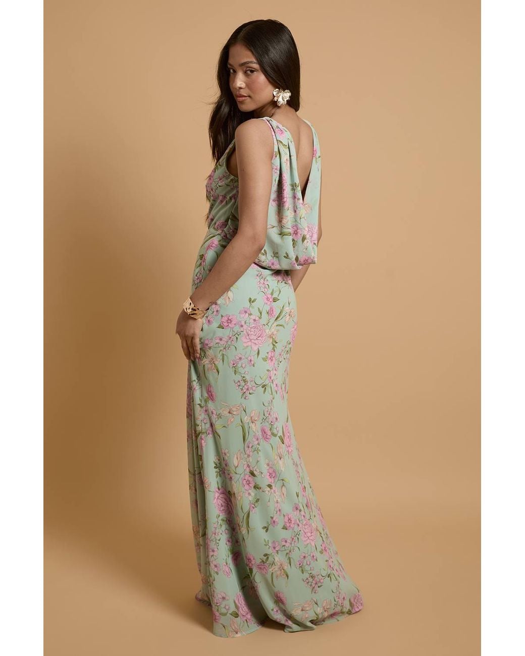 Oasis Natural Petite Lace Cowl Back Chiffon Printed Maxi Dress