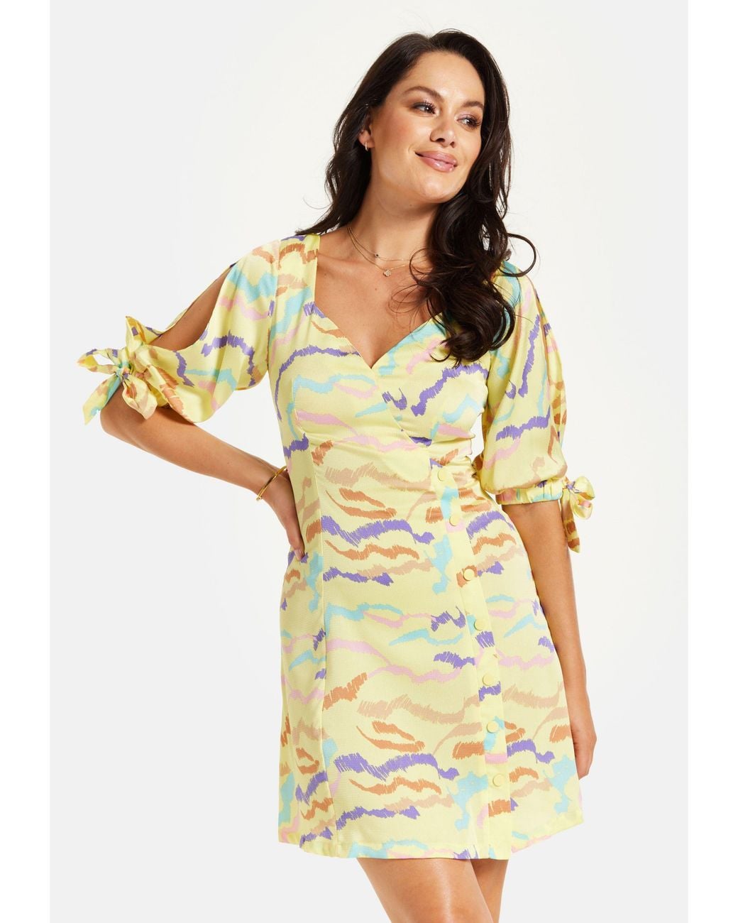 Liquorish Yellow Abstract Zebra Print Mini Dress With Back Tie Up